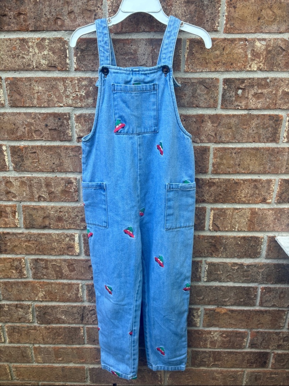 Mini Boden Light Blue Denim Overalls with Red & Green Embroidery